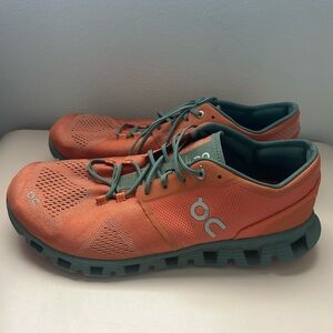 On Running Men's Sz 10.5 Cloud X sneakers in the Orange Sea Green colorway